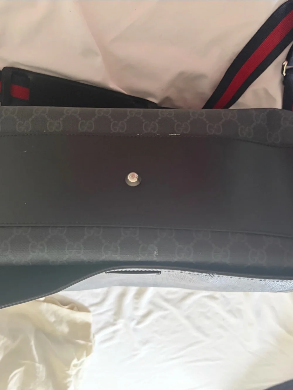 Gucci Black Monogram Messenger Bag with Red/Blue Stripe Strap
